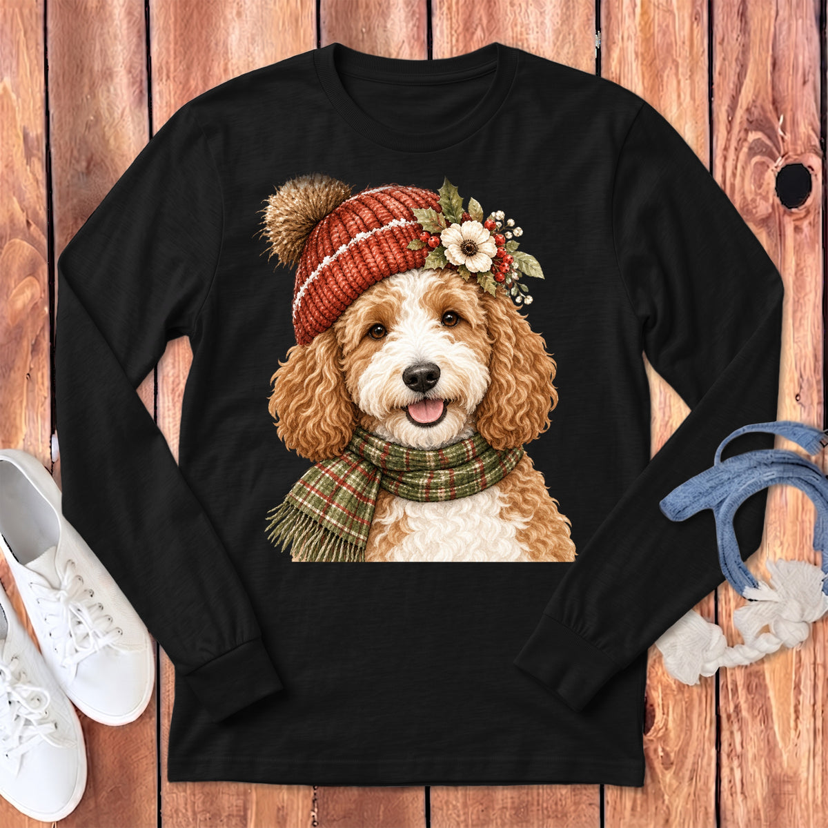 Black long sleeve shirt with a watercolor doodle dog wearing a red hat and scarf.