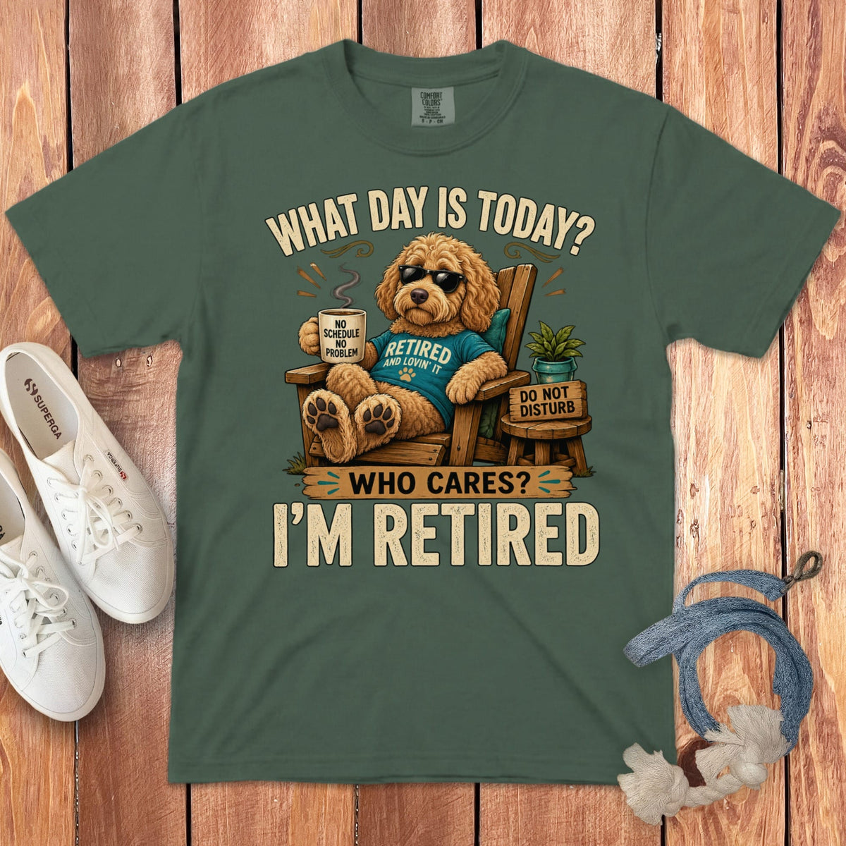 I'm Retired Apricot Goldendoodle Signature T-Shirt in Blue Spruce / S by Puppy Jo