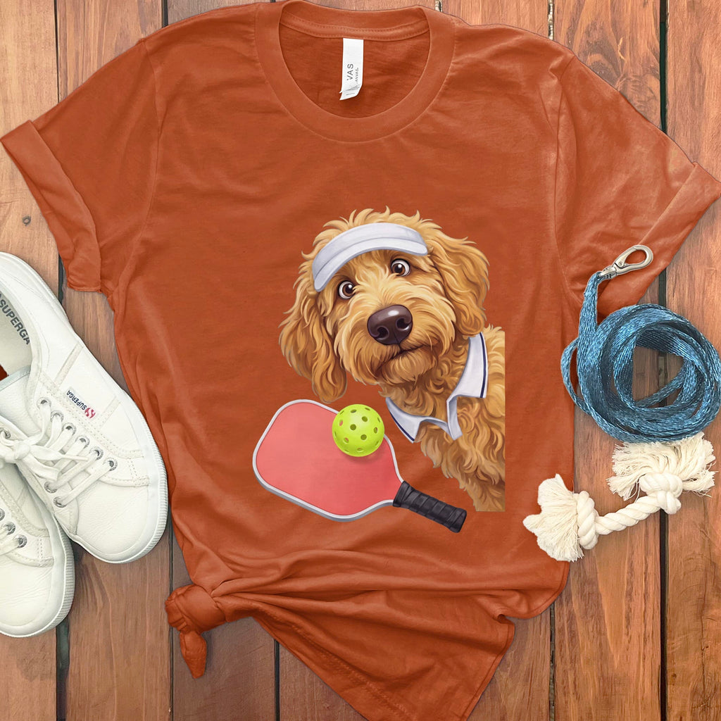 Golden Goldendoodle Pickleball Player T-Shirt in Autumn / S by Puppy Jo