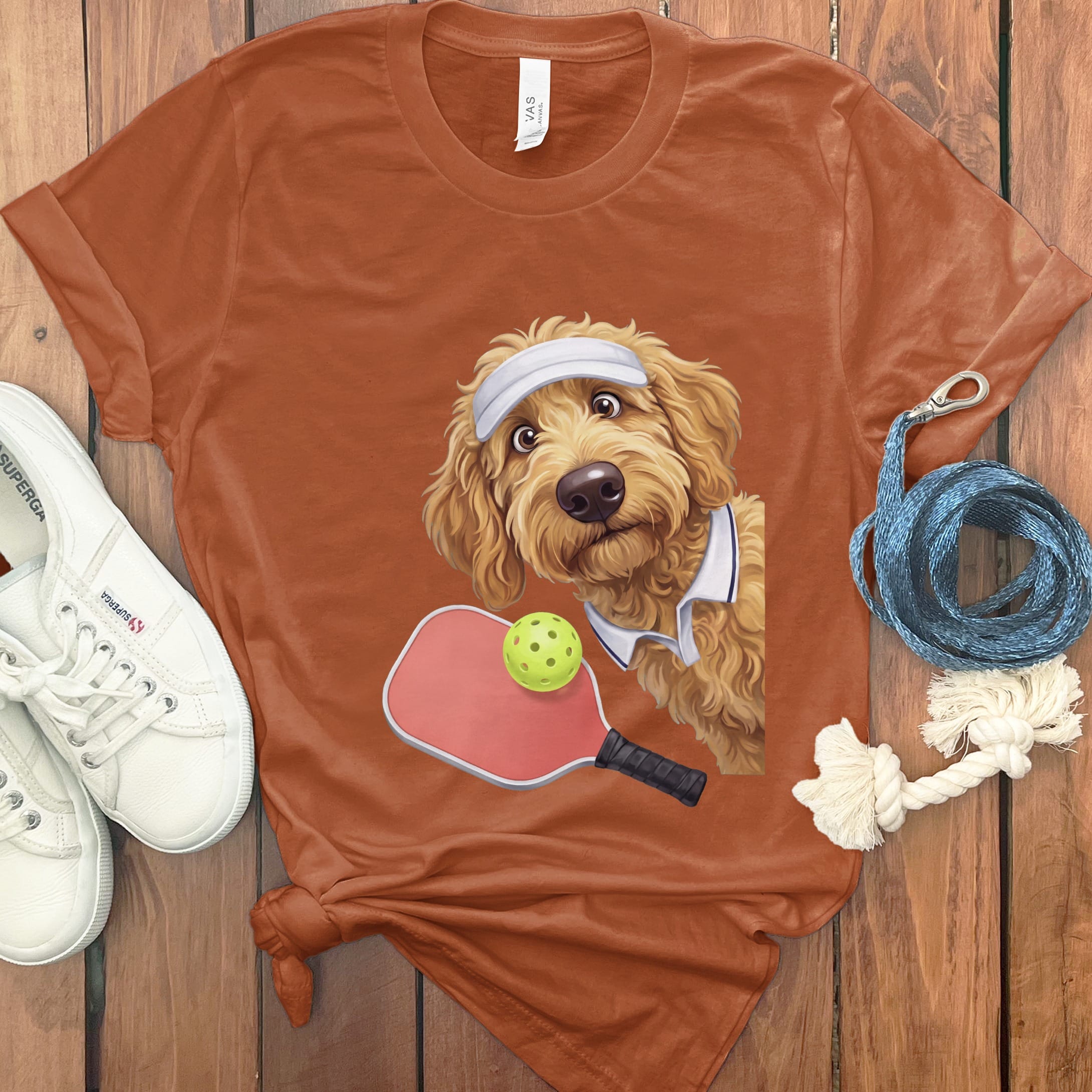 Golden Goldendoodle Pickleball Player T-Shirt in Autumn / S by Puppy Jo