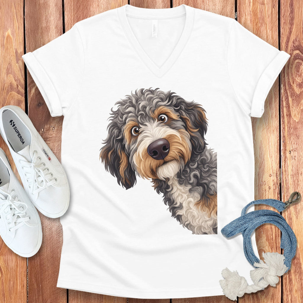 Funny Peeking Aussiedoodle V-Neck T-Shirt in White / S by Puppy Jo