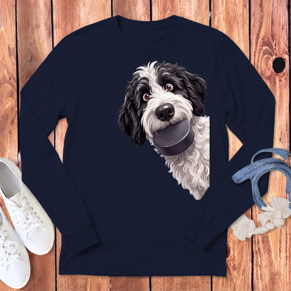 Sheepadoodle Hockey Puck Long Sleeve T-Shirt in Navy / S by Puppy Jo