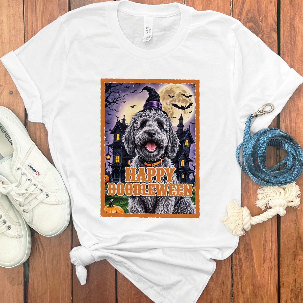 Merle Goldendoodle Happy Doodleween T-Shirt in White / M by Puppy Jo
