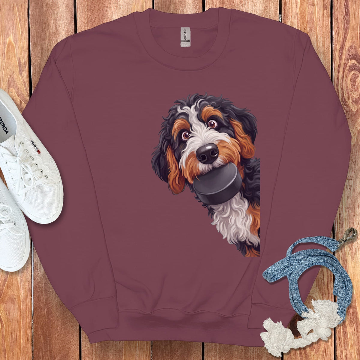 Bernedoodle Hockey Puck Sweatshirt in Maroon / S by Puppy Jo