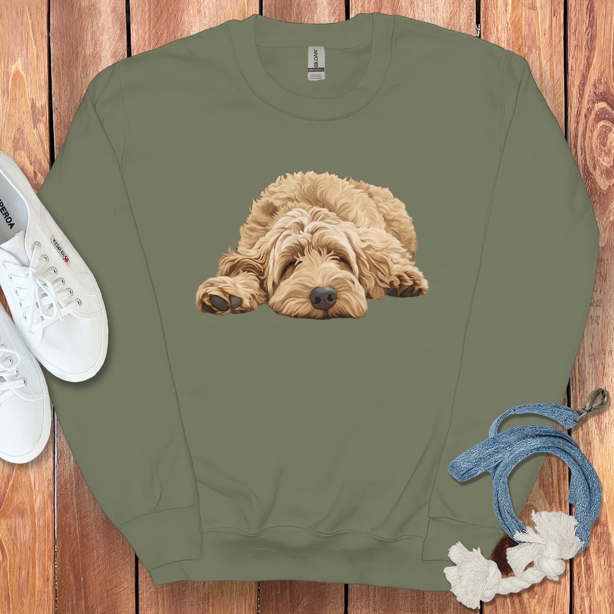 Golden Goldendoodle Snoozing Sweatshirt in Military Green / S by Puppy Jo