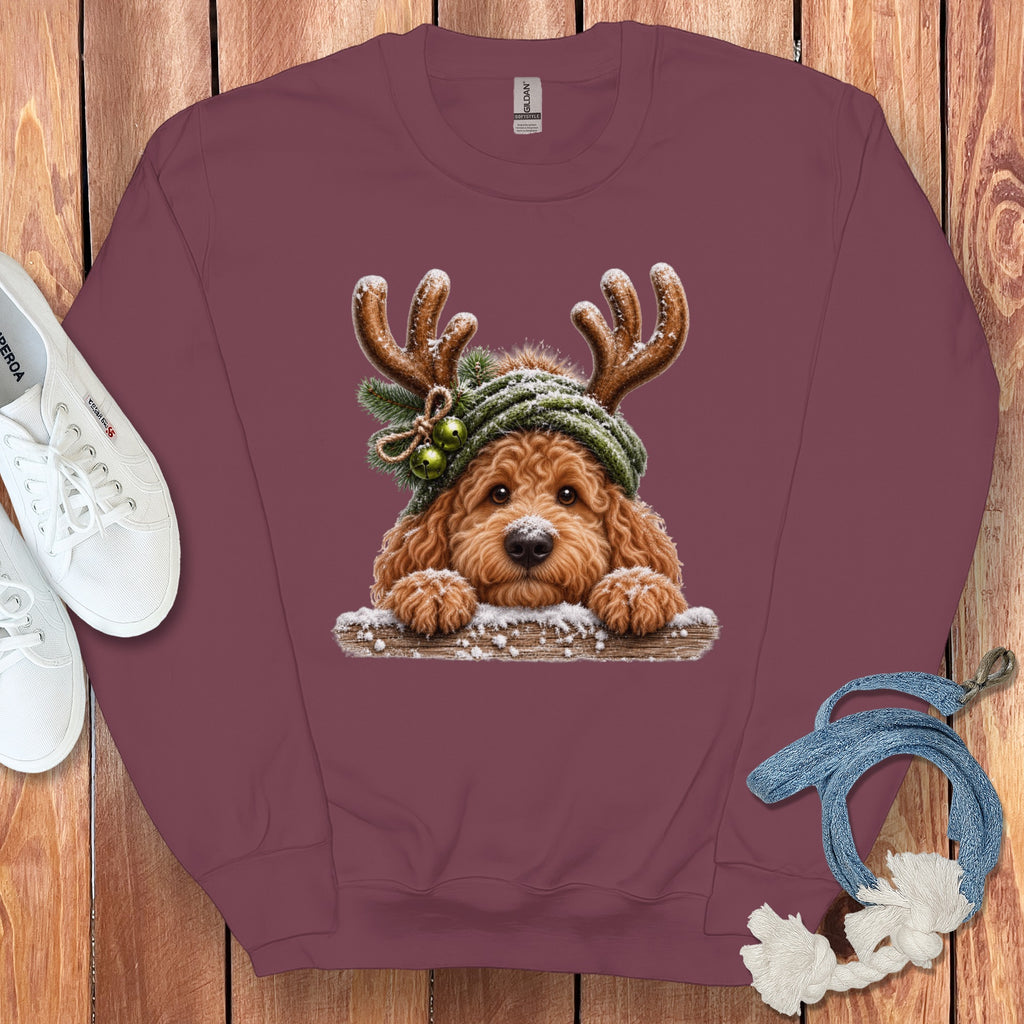 Maroon sweatshirt featuring a cute doodle dog wearing antlers and a festive hat.