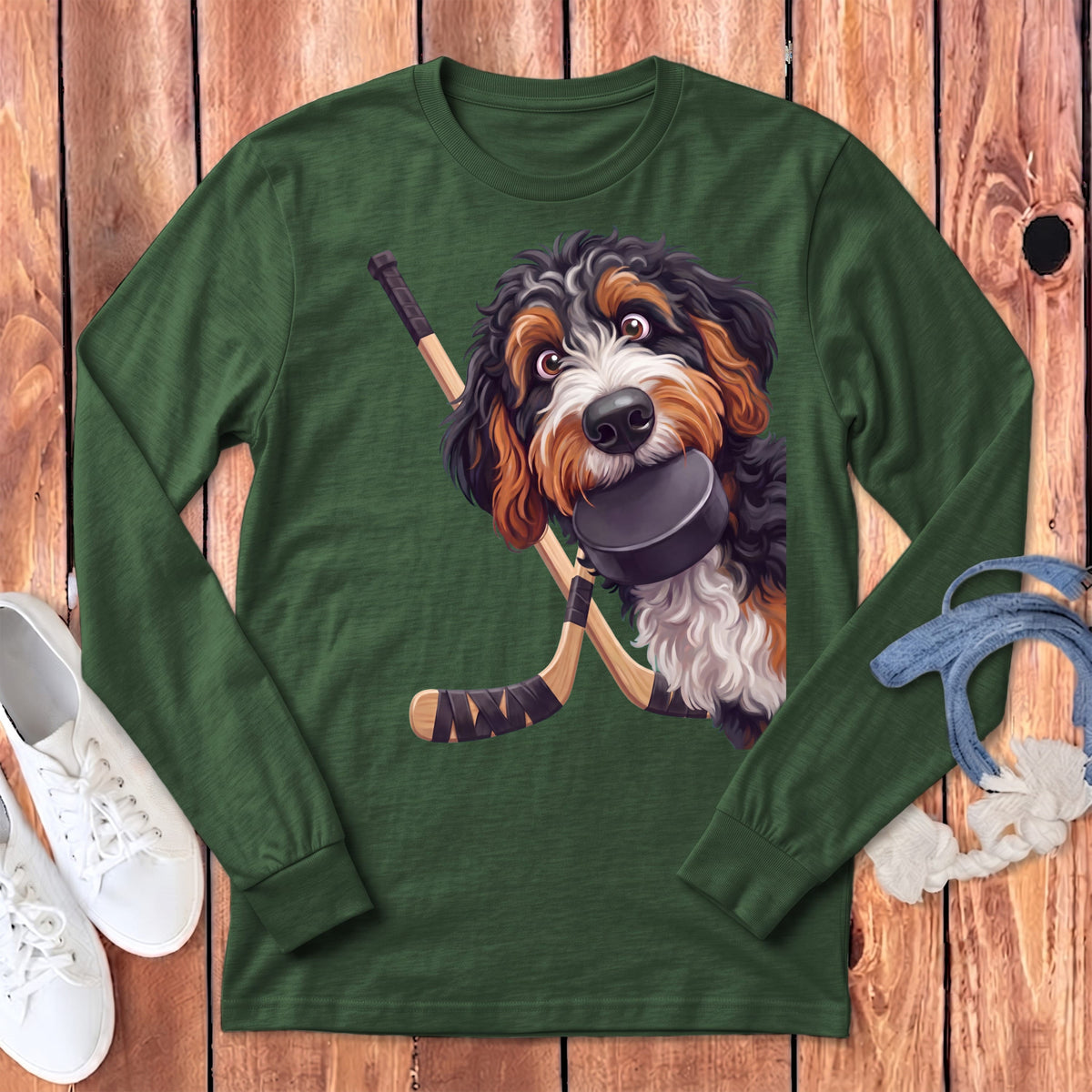Bernedoodle Hockey Long Sleeve T-Shirt in Heather Forest / S by Puppy Jo