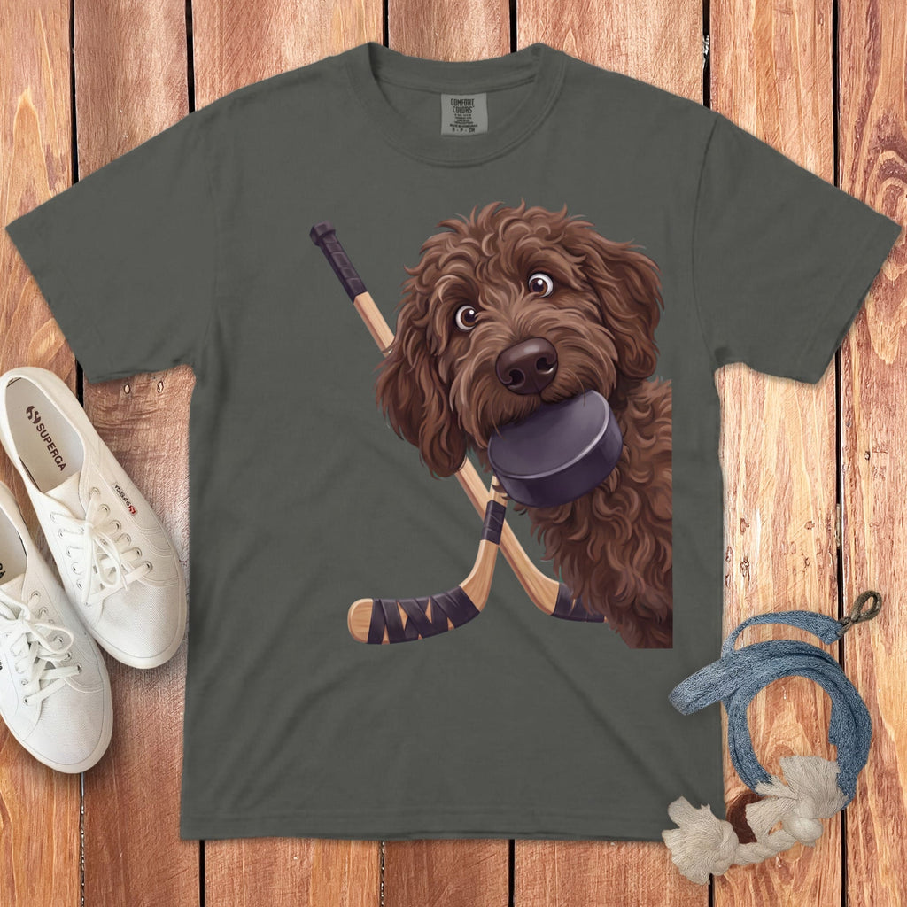 Chocolate Goldendoodle Hockey Signature T-Shirt in Pepper / S by Puppy Jo