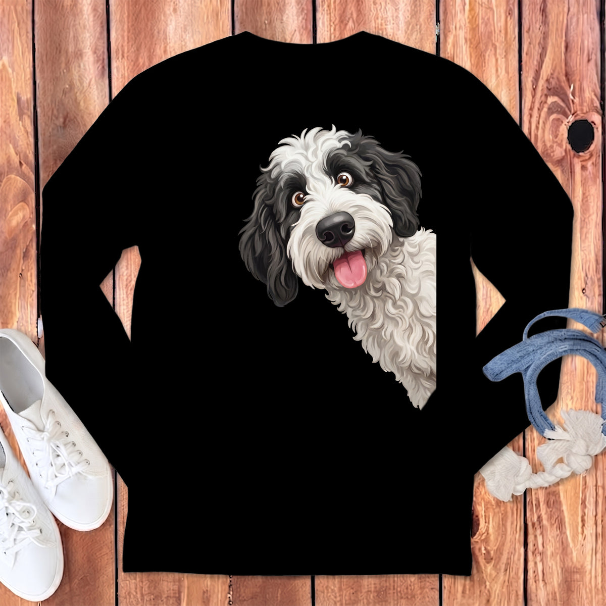 Black long-sleeve shirt with a black and white dog peeking from the corner.