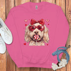 Cute Dog with Heart Glasses Pink Pullover Sweater