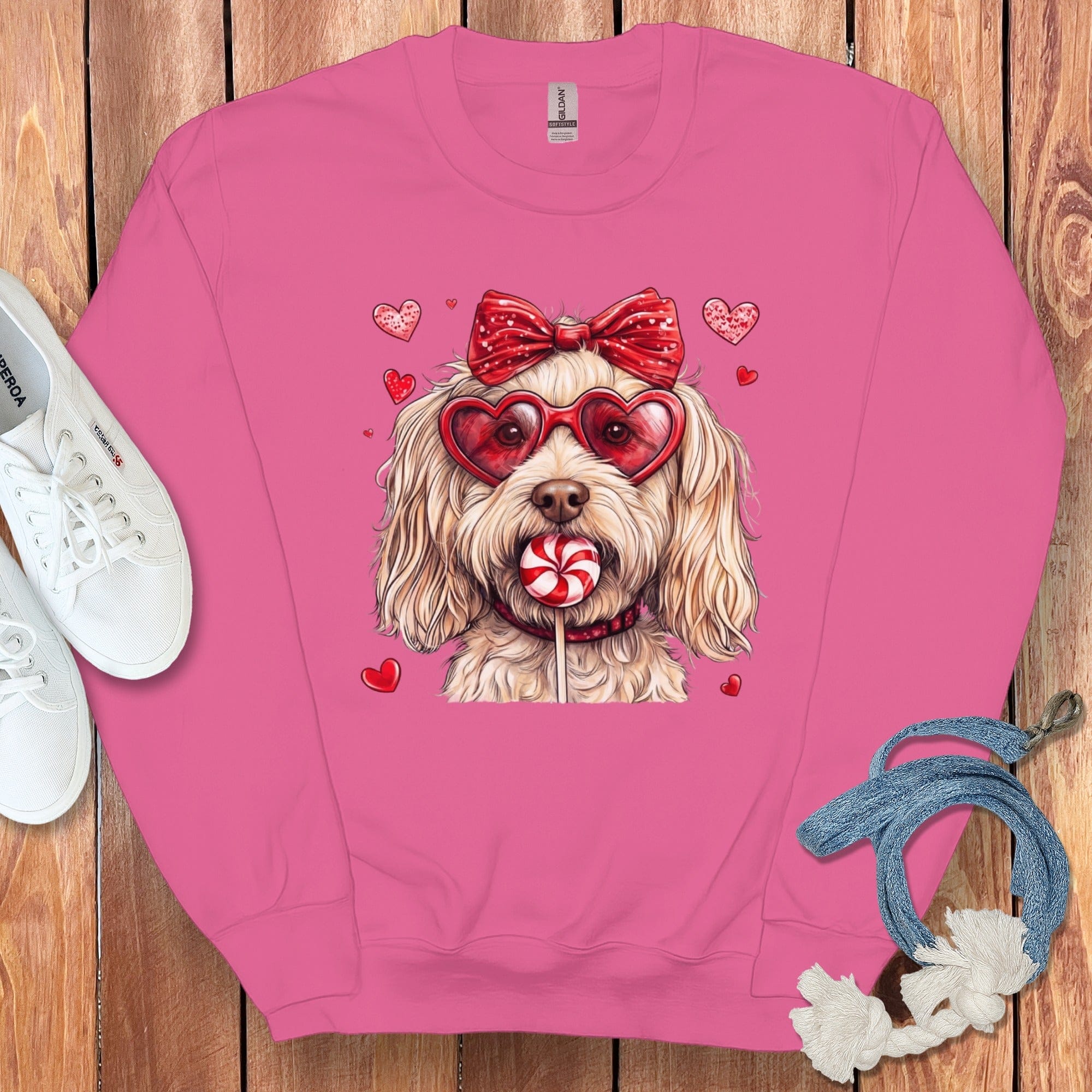 Cute Dog with Heart Glasses Pink Pullover Sweater