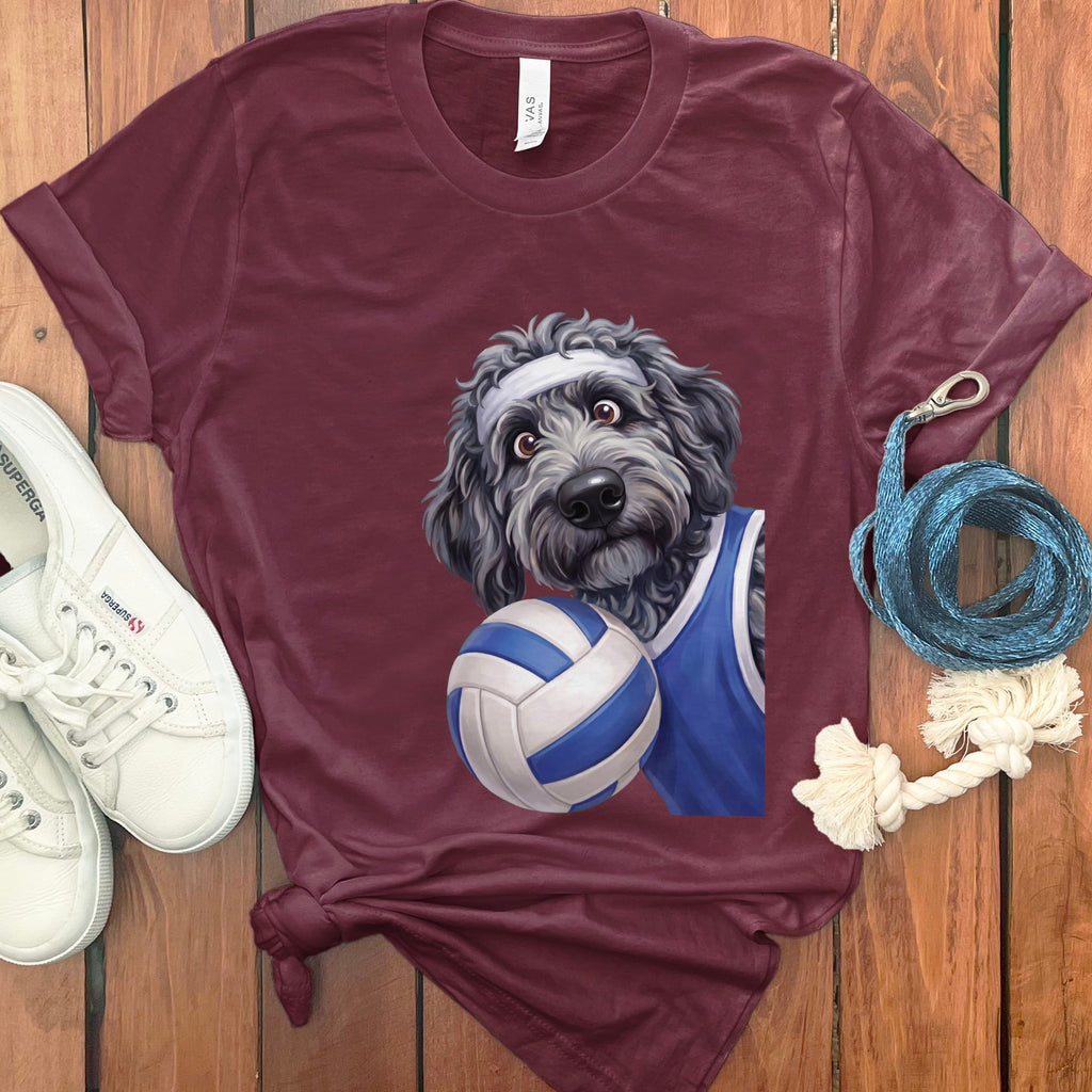 Merle Goldendoodle Volleyball Player T-Shirt in Maroon / S by Puppy Jo