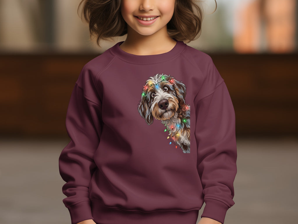 Maroon sweatshirt with a dog wearing Christmas lights graphic.