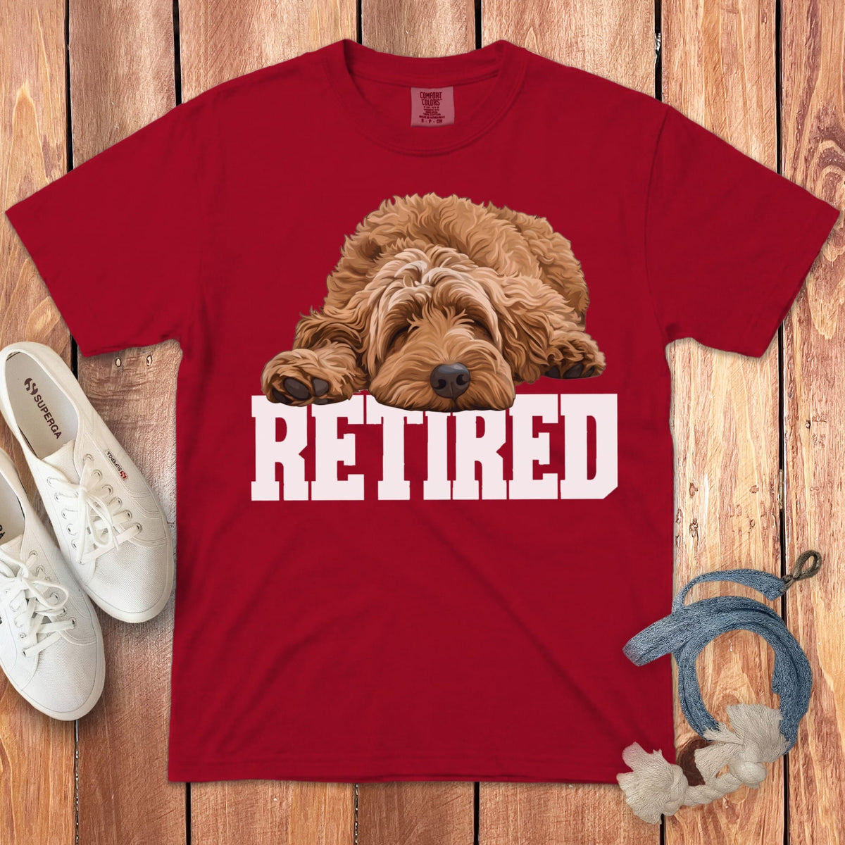 Retired Sleeping Apricot Goldendoodle Signature T-Shirt in Red / S by Puppy Jo