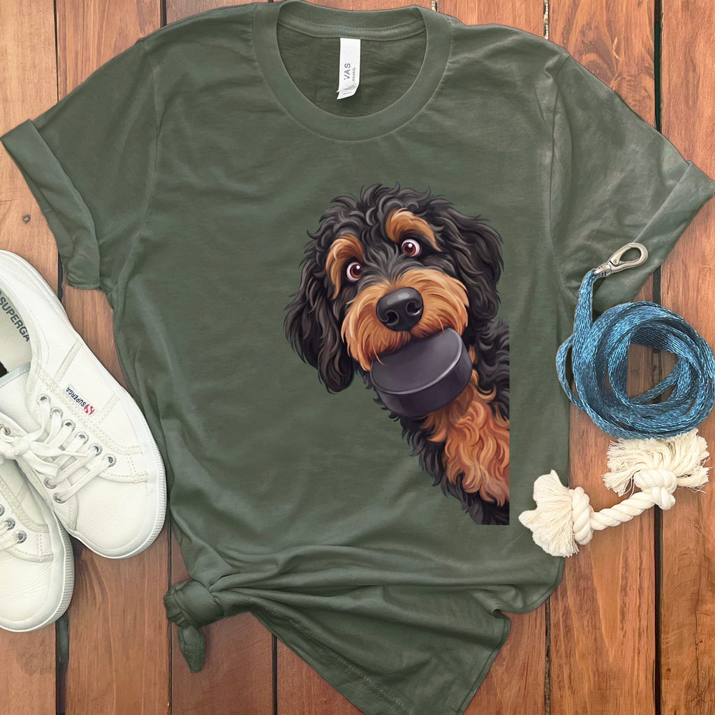 Phantom Goldendoodle Hockey Puck T-Shirt in Military Green / S by Puppy Jo