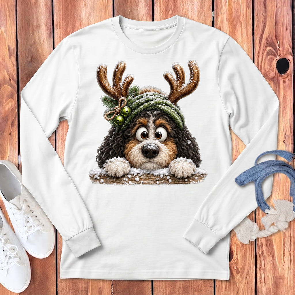 Bernese Mountain Dog wearing reindeer antlers and a green hat with bells.