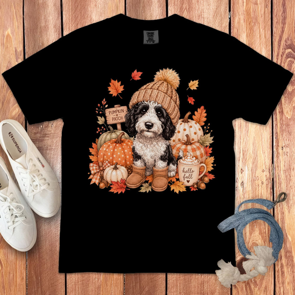 Sheepadoodle Pumpkin Patch Signature T-Shirt in Black / S by Puppy Jo