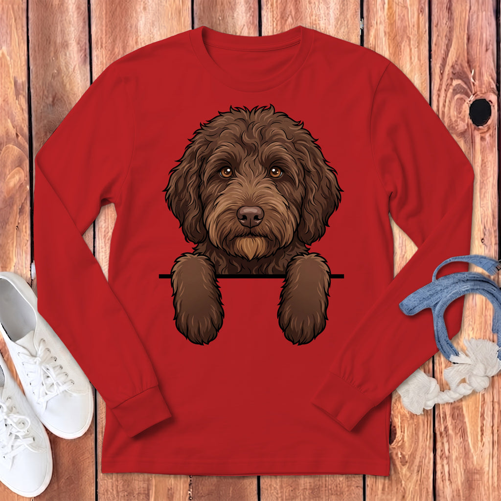 Red long-sleeve shirt with a brown doodle dog illustration.