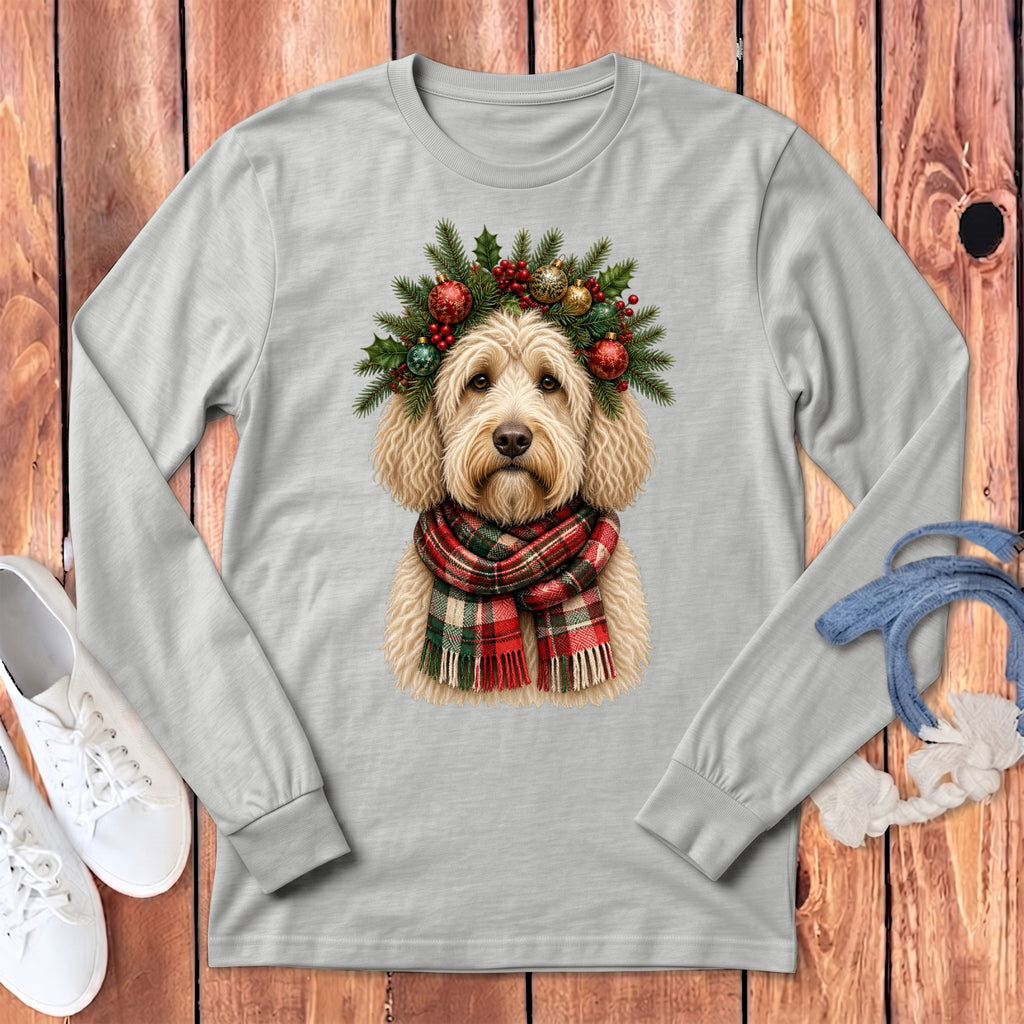 Cream Goldendoodle Holiday Crown Long Sleeve T-Shirt in Athletic Heather / S by MyDesigns