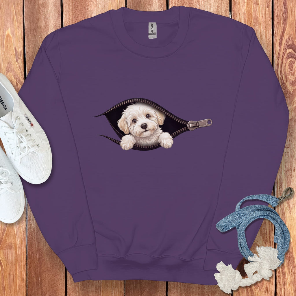 Maltipoo Peeking Zipper Sweatshirt in Purple / S by Puppy Jo