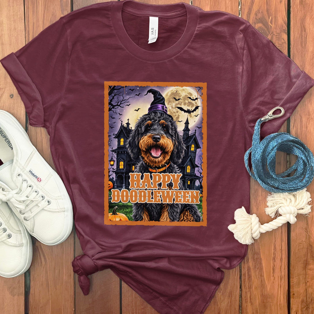 Phantom Goldendoodle Happy Doodleween T-Shirt in Maroon / M by Puppy Jo