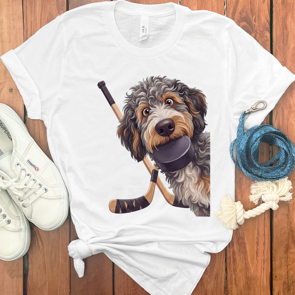Aussiedoodle Hockey T-Shirt in White / S by Puppy Jo