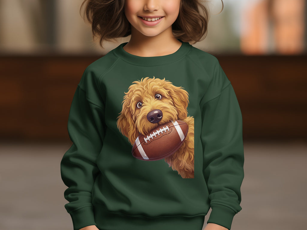 Green sweatshirt with a golden doodle holding a football graphic.