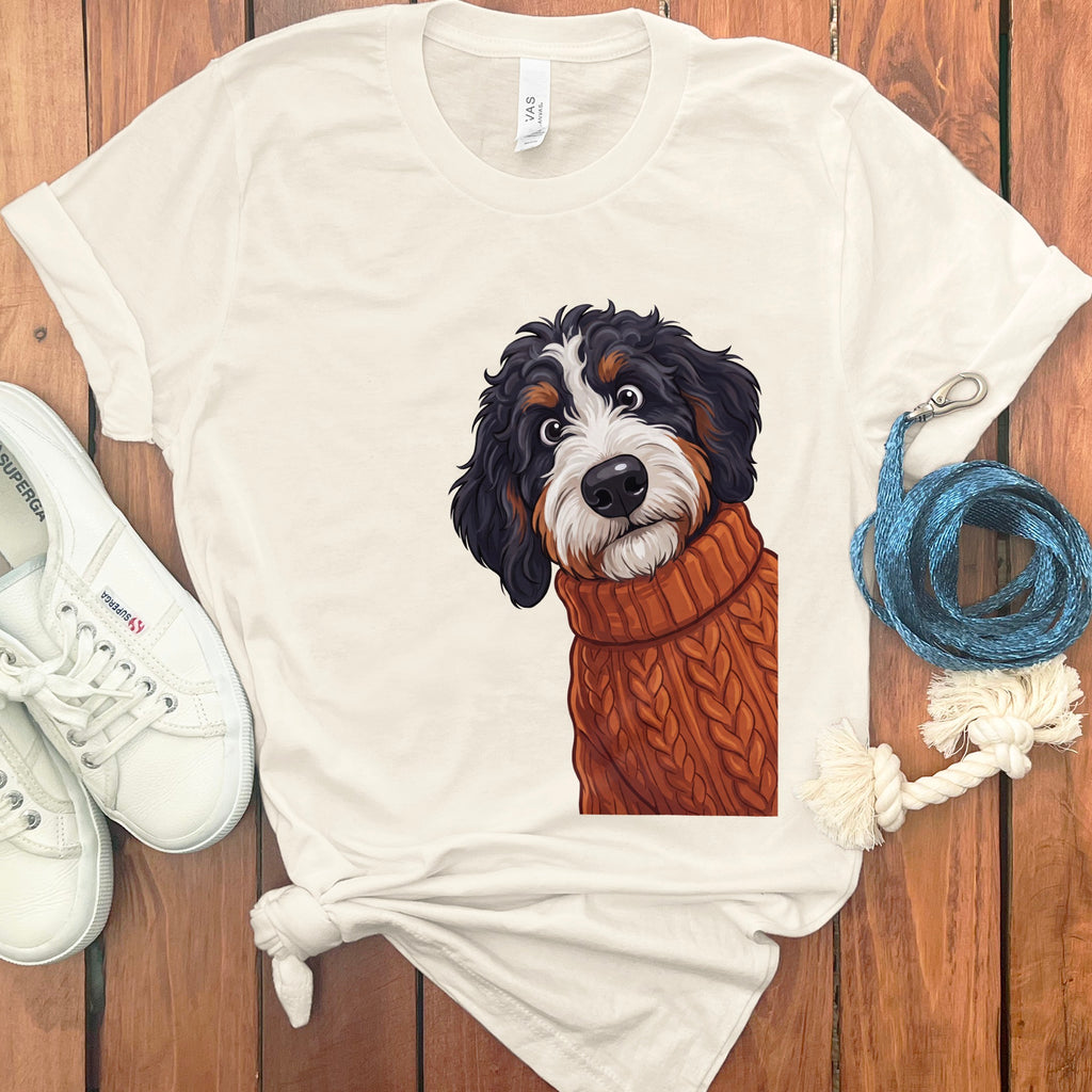 Cream t-shirt with a cartoon Bernese mountain dog wearing a brown cable-knit sweater.