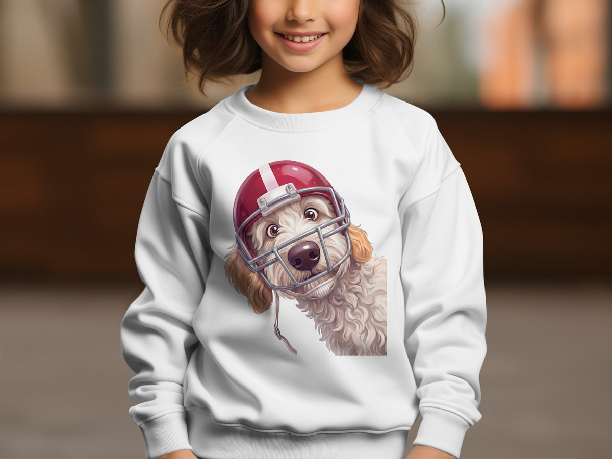 White sweatshirt with a drawing of a dog wearing a red football helmet.