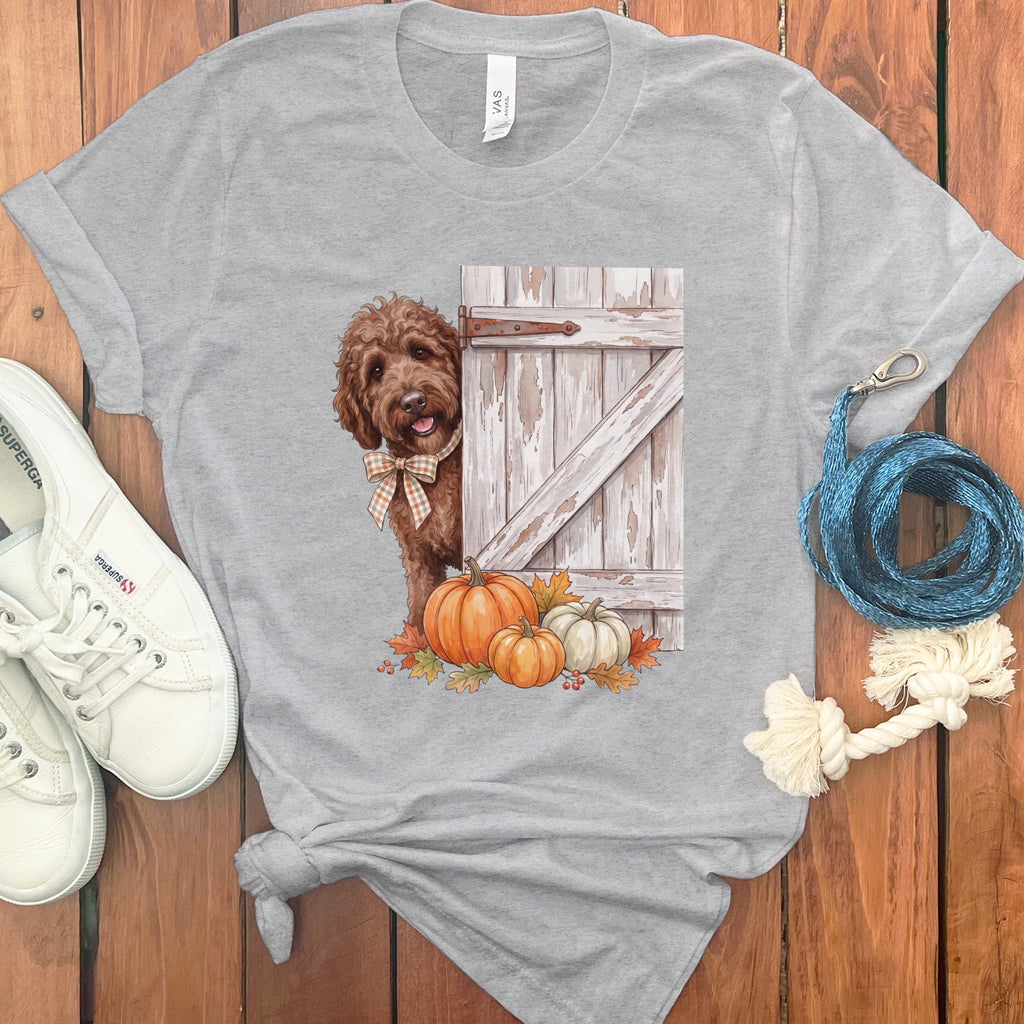 Chocolate Goldendoodle Barn Peeking T-Shirt in Athletic Heather / S by Puppy Jo
