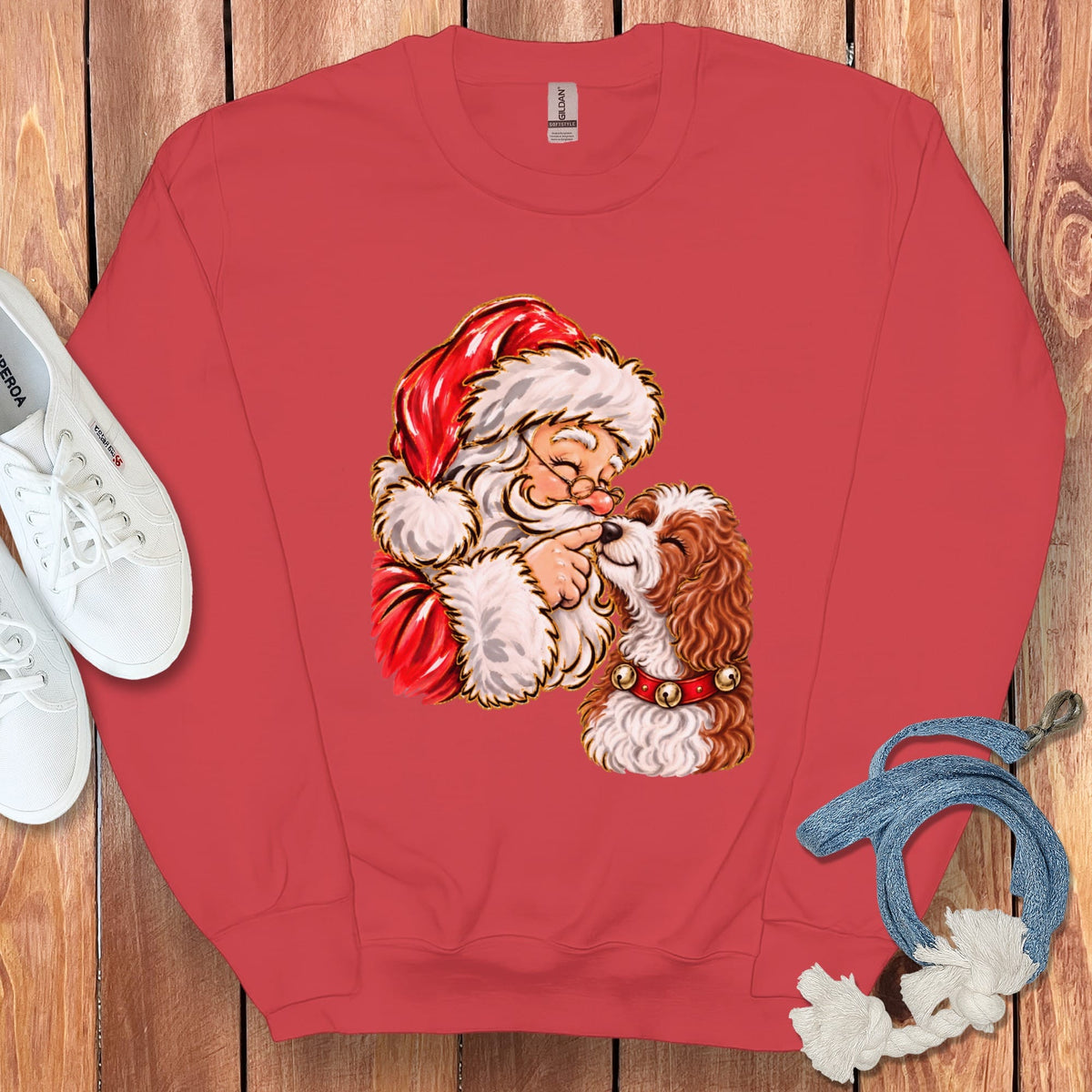 Cavapoo Santa Kiss Sweatshirt in Red / S by Puppy Jo