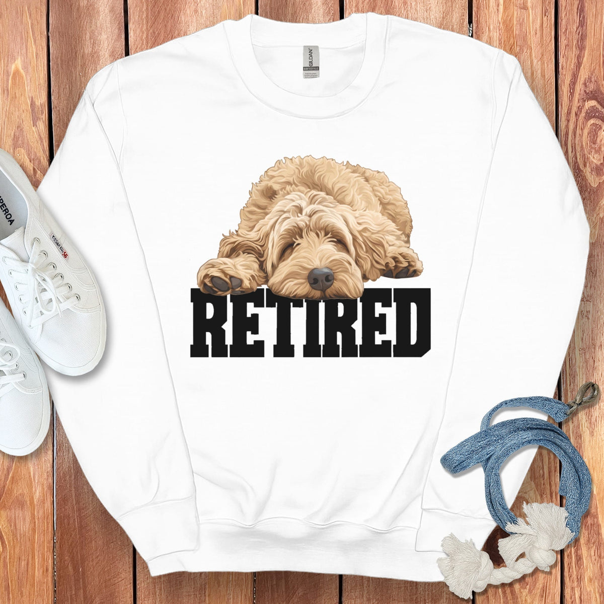 Retired Sleeping Golden Goldendoodle Sweatshirt in White / S by Puppy Jo