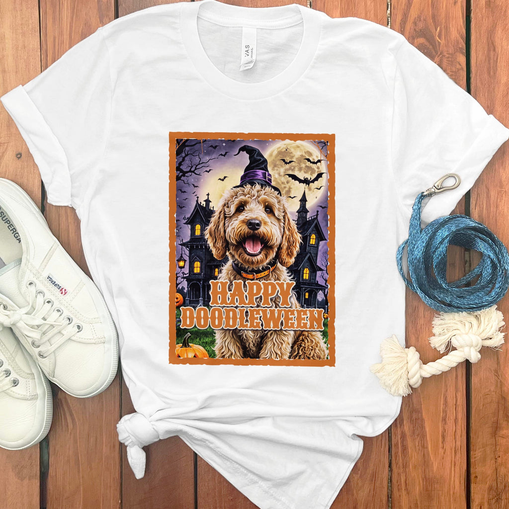 Golden Goldendoodle Happy Doodleween T-Shirt in White / S by Puppy Jo