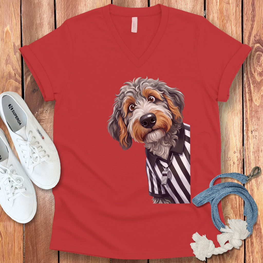 Aussiedoodle Football Referee V-Neck T-Shirt in Red / S by Puppy Jo