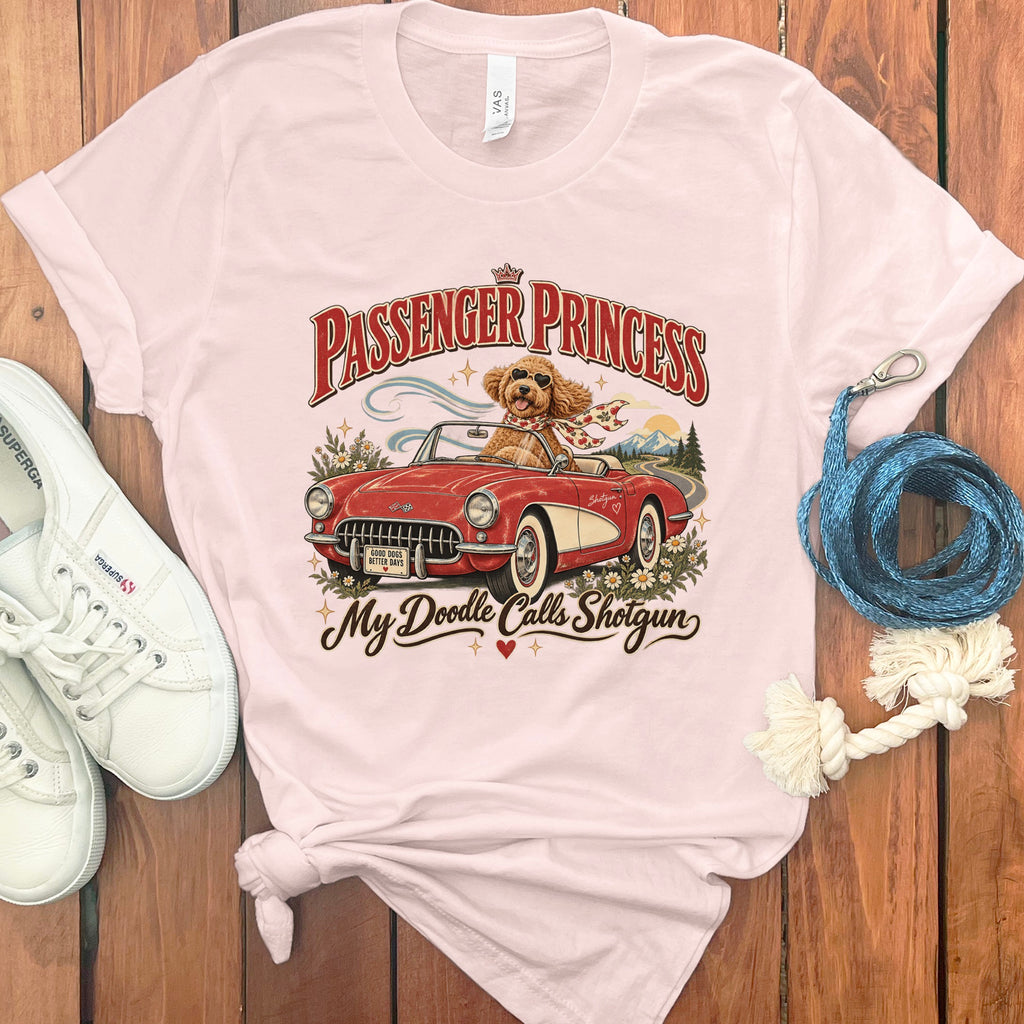 T-shirt graphic with a poodle driving a vintage red convertible, "Passenger Princess" text.