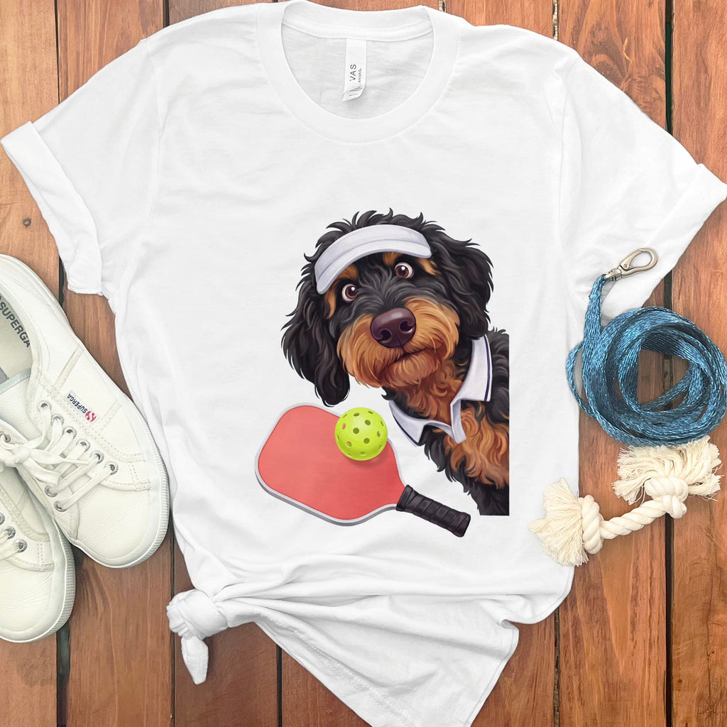 Phantom Goldendoodle Pickleball Player T-Shirt in White / S by Puppy Jo