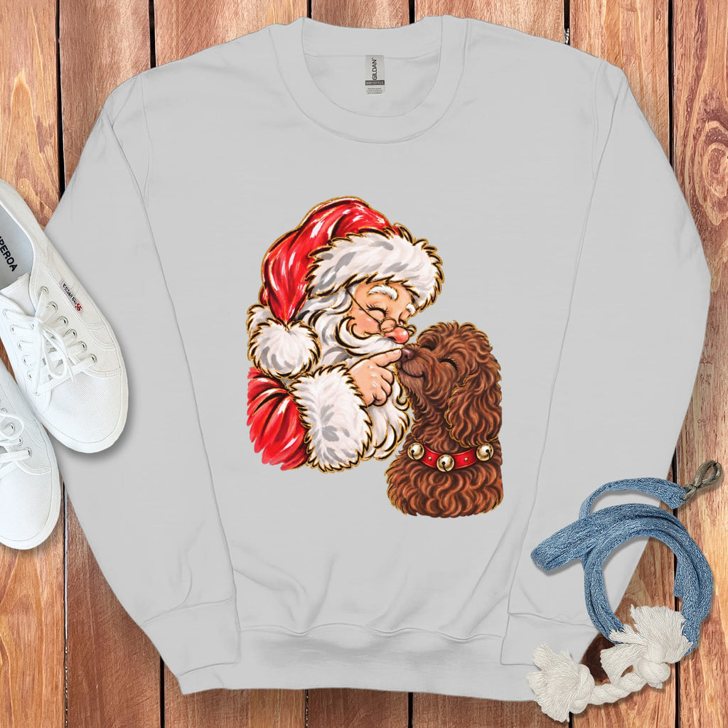 Chocolate Goldendoodle Santa Kiss Sweatshirt in Sport Grey / S by Puppy Jo