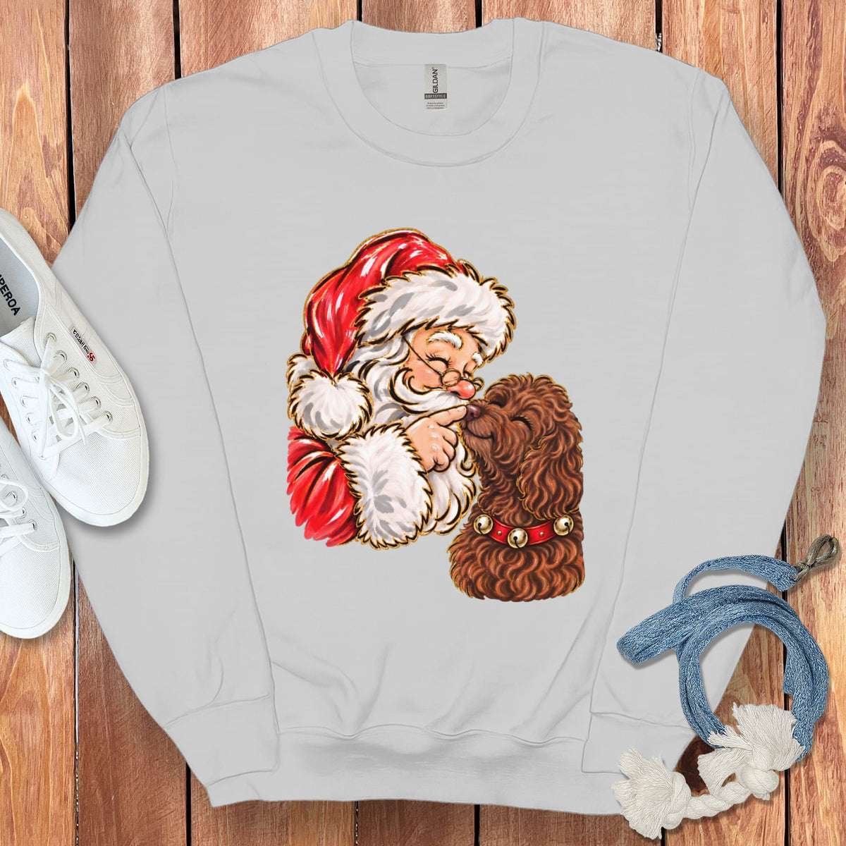 Chocolate Goldendoodle Santa Kiss Sweatshirt in Sport Grey / S by Puppy Jo