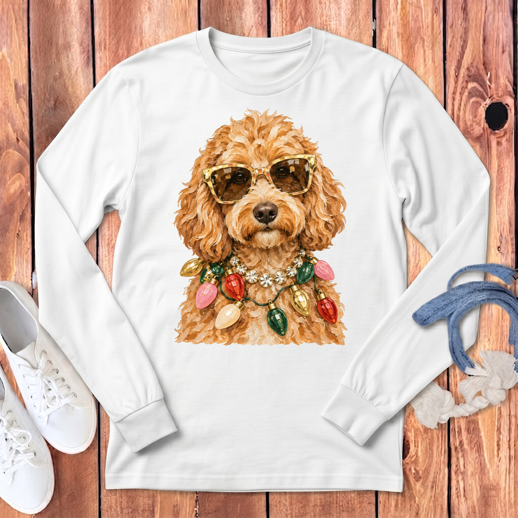 White long sleeve shirt with a dog wearing sunglasses and a Christmas light necklace.