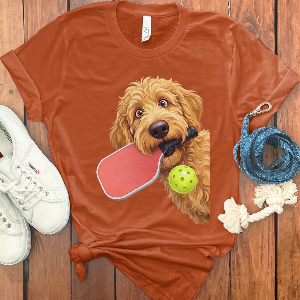 Golden Goldendoodle Pickleball T-Shirt in Autumn / S by Puppy Jo