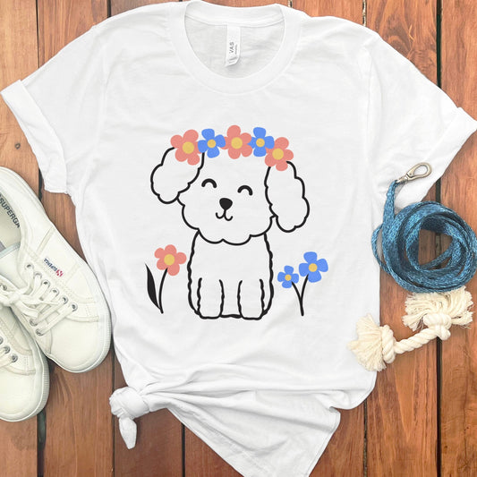 Cute Dog with Flower Crown and Floral Graphic T-Shirt product type