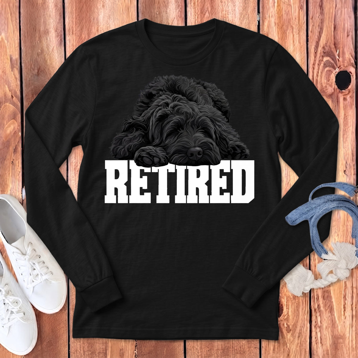Retired Sleeping Black Goldendoodle Long Sleeve T-Shirt in Dark Grey Heather / S by Puppy Jo