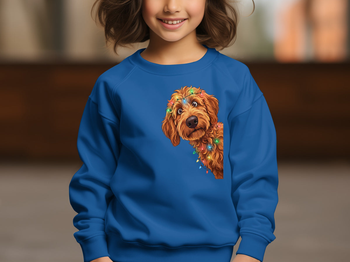 Blue sweatshirt with a dog peeking out, adorned with colorful Christmas lights.