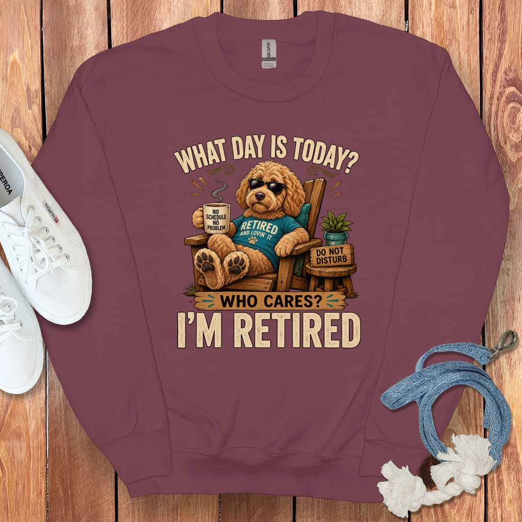 I'm Retired Apricot Goldendoodle Sweatshirt in Maroon / S by Puppy Jo