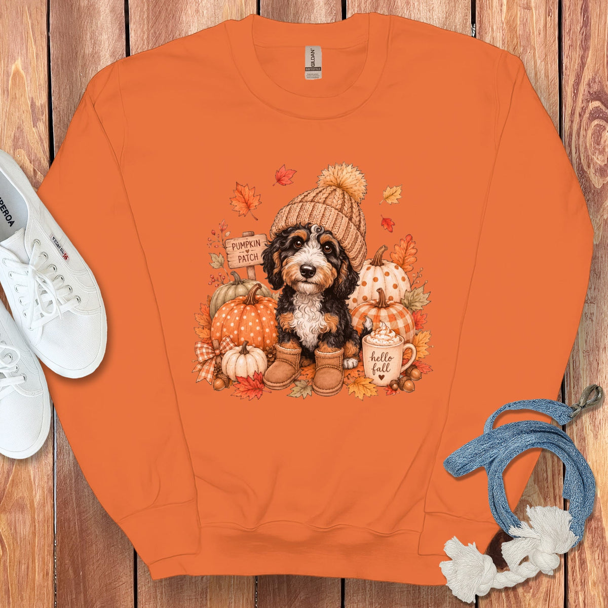 Bernedoodle Pumpkin Patch Sweatshirt in Orange / S by Puppy Jo