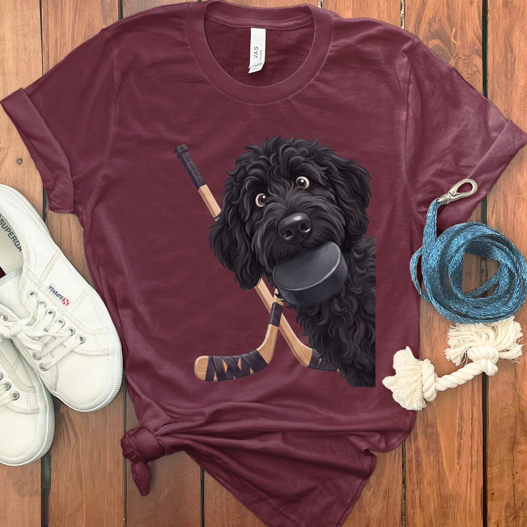 Black Goldendoodle Hockey T-Shirt in Maroon / S by Puppy Jo