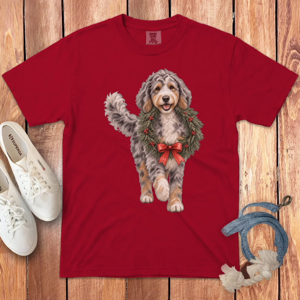 Aussiedoodle Wreath Signature T-Shirt in Red / S by Puppy Jo