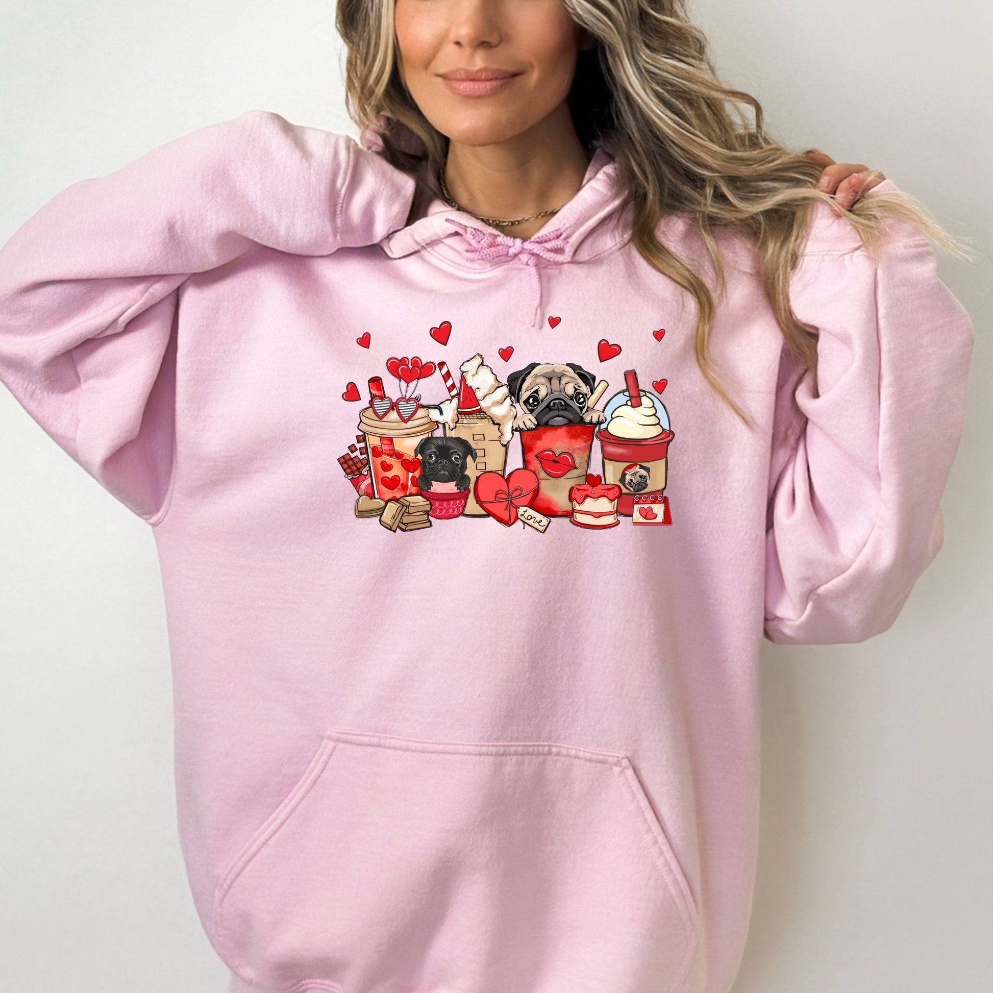 Pugs and Coffee Valentine Hoodie Sweatshirt - PuppyJo Hoodie S / Light Pink