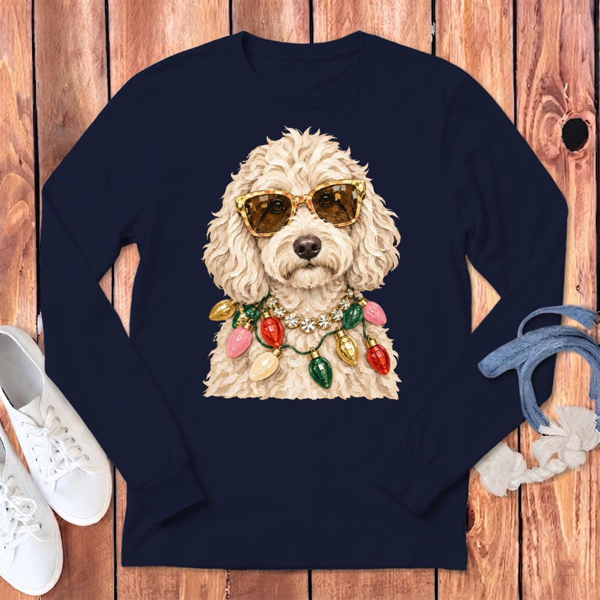Cream poodle wearing sunglasses and a colorful Christmas light necklace on a navy shirt.