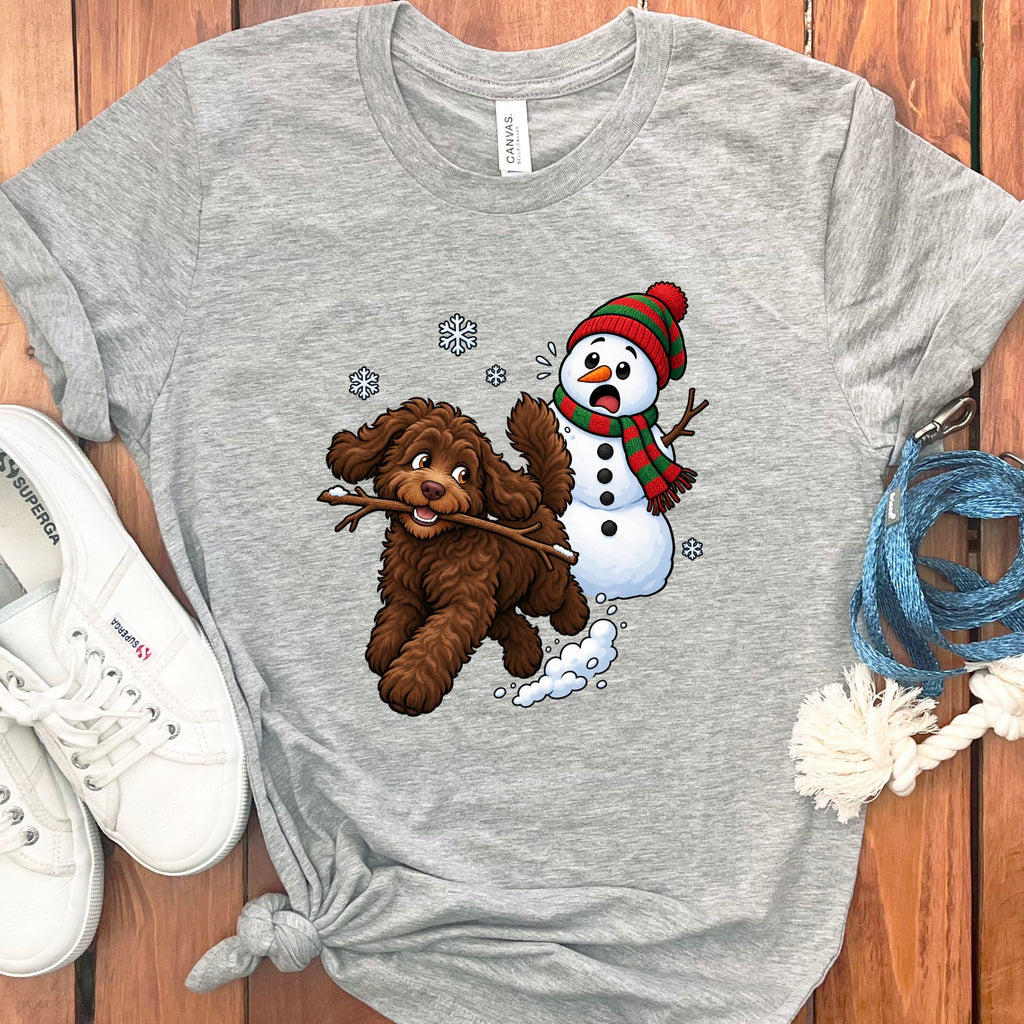 Chocolate Goldendoodle Snowman T-Shirt in Athletic Heather / S by Puppy Jo